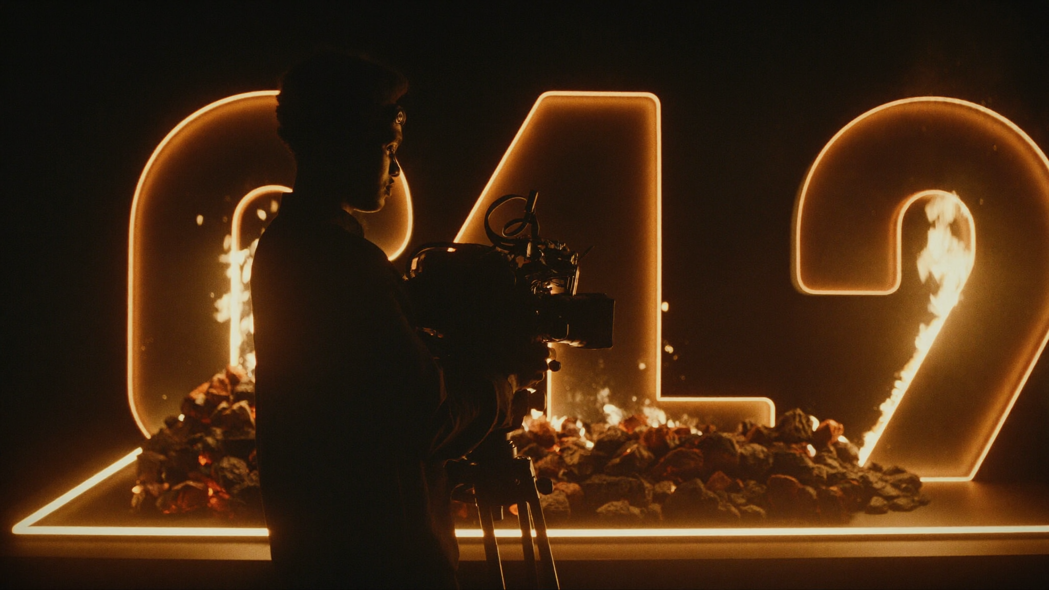 A director capturing a scene in a molten-lit studio